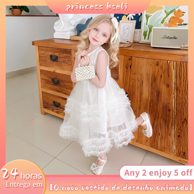PRINCESSKESLI Vestido de menina de design sofisticado, perfeito para festas e uso diário，enfeites de renda