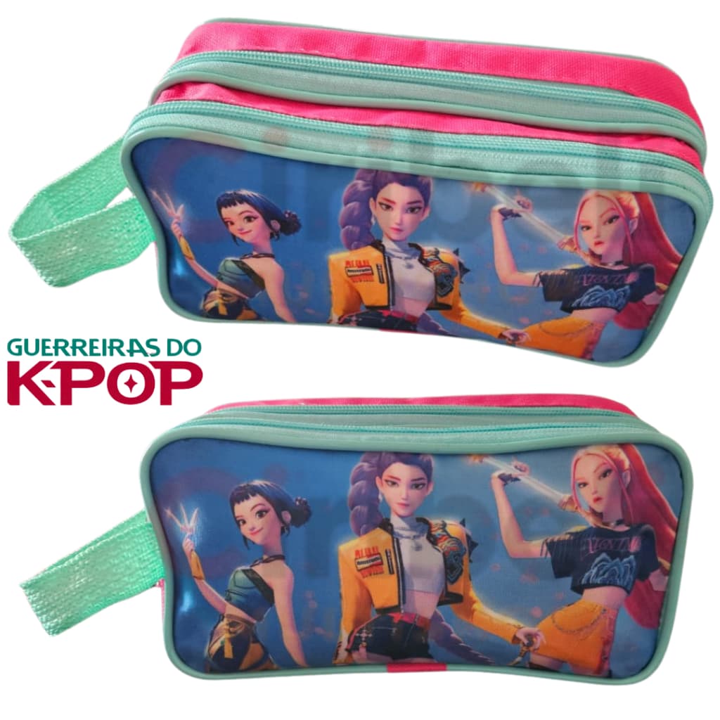 Estojo Lápis Duplo Escolar Guerreiras do Kpop Huntrix Banda Música 2 Bolsos Divisórias Infantil Menina Rosa