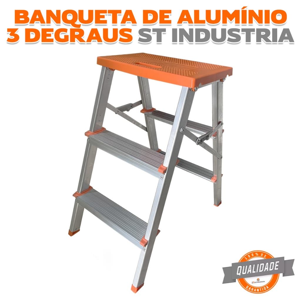 Banqueta Escada de Alumínio Bilateral Com 3 Degraus Dobrável Reforçada ST INDÚSTRIA