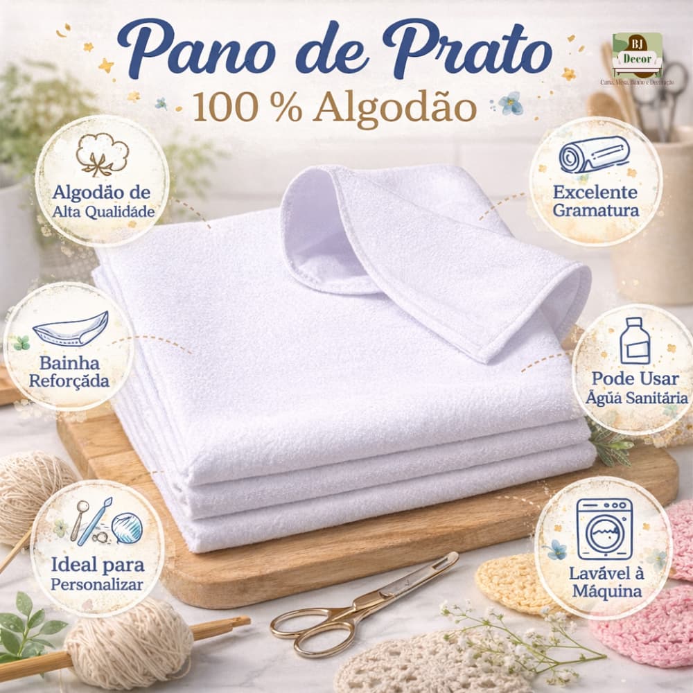 Pano de Prato 100% Algodão Branco | Alta Absorção | Bainha Reforçada | Ideal para Cozinha e Artesanato