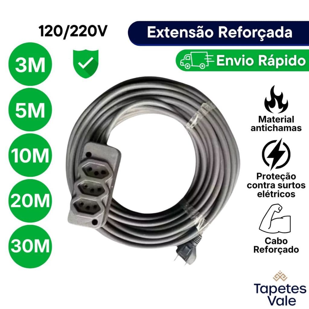 Extensão Elétrica Reforçada Cabo Grosso 5m 10m 20m 30m Uso Doméstico e Profissional