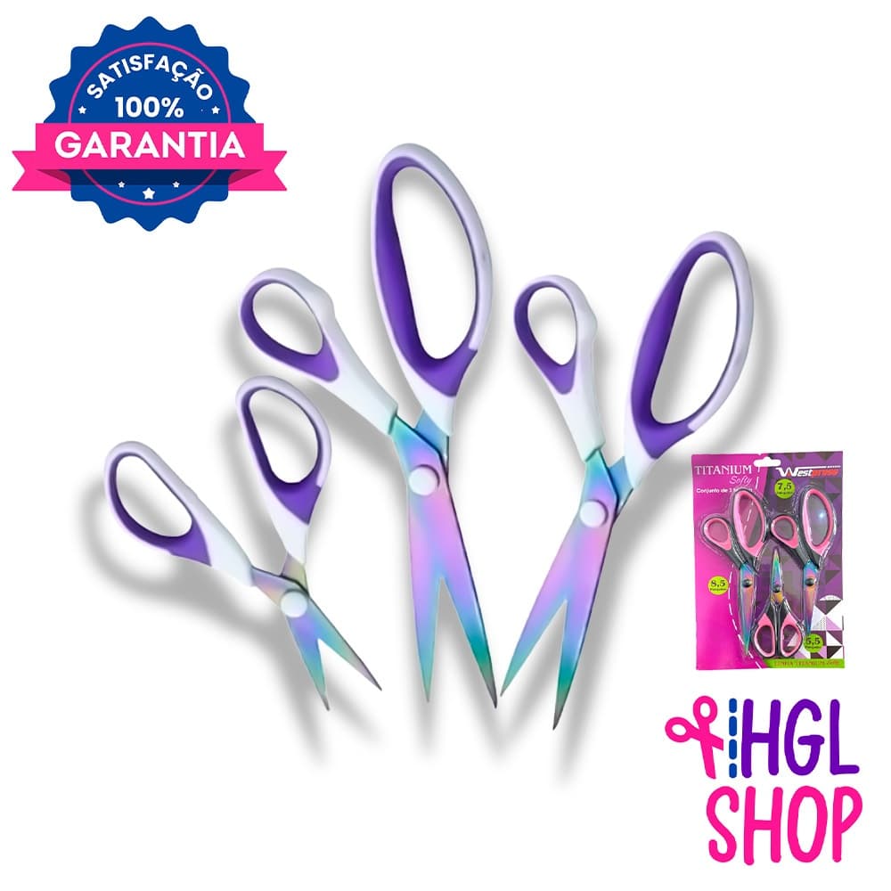 KIT 3 Tesouras Westpress Titanium Profissional - Não Perde Corte! - Cor Branca