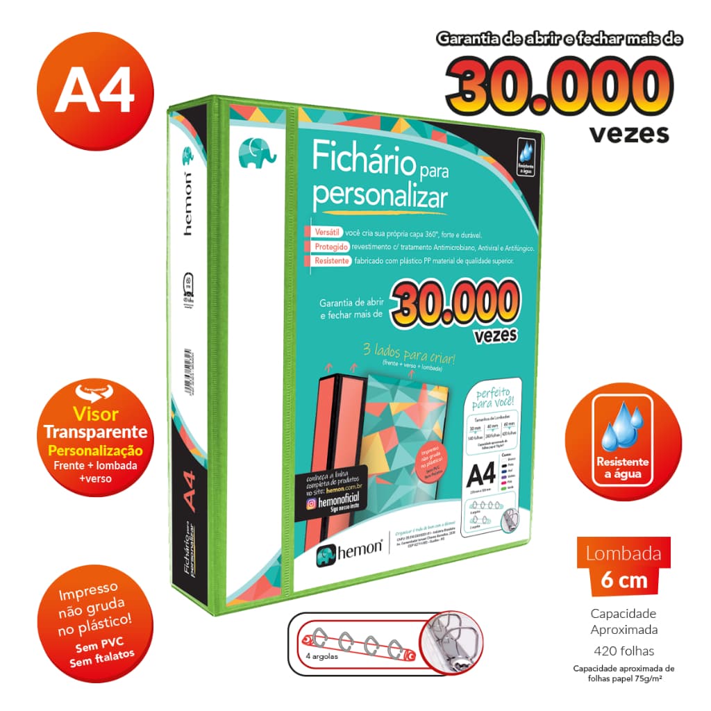 Fichario com Visor Personalizavel 4 Argolas Ferragem 40D Lombada 6 cm Ideal para Escola Escritório e Organização