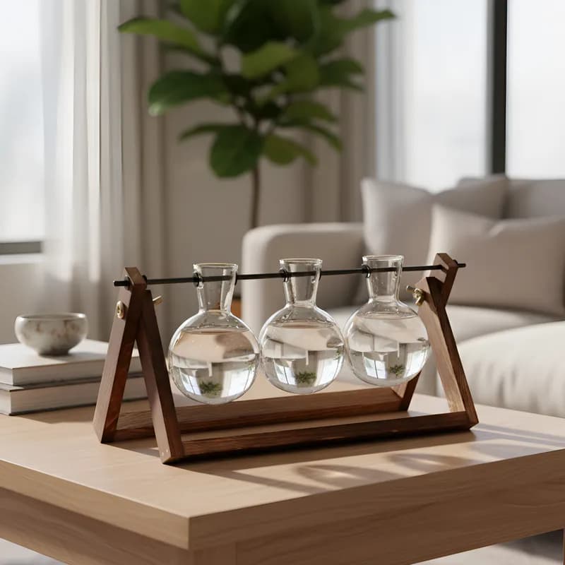 Vaso De Vidro Bulbo Plantador Com Suporte De Madeira