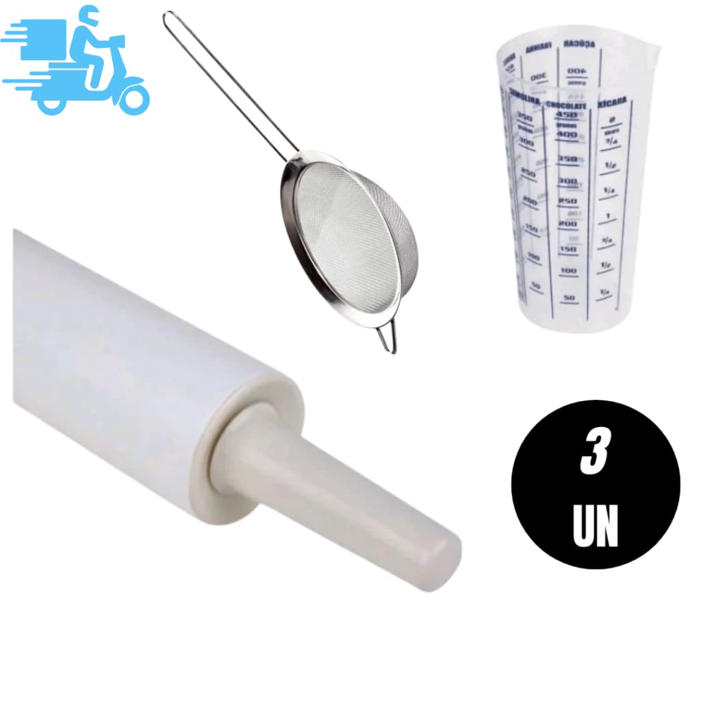 Kit 3 Sendo 1 Rolo de Massa+ Peneira P em inox+ Copo Medidor de 500 ml e 1 Unidade de Peneira P