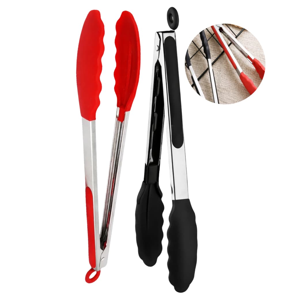 KIT 2 Pegador De Silicone e Inox Para Carne Churrasco Salada Cozinha Pinça Vermelho/Preto