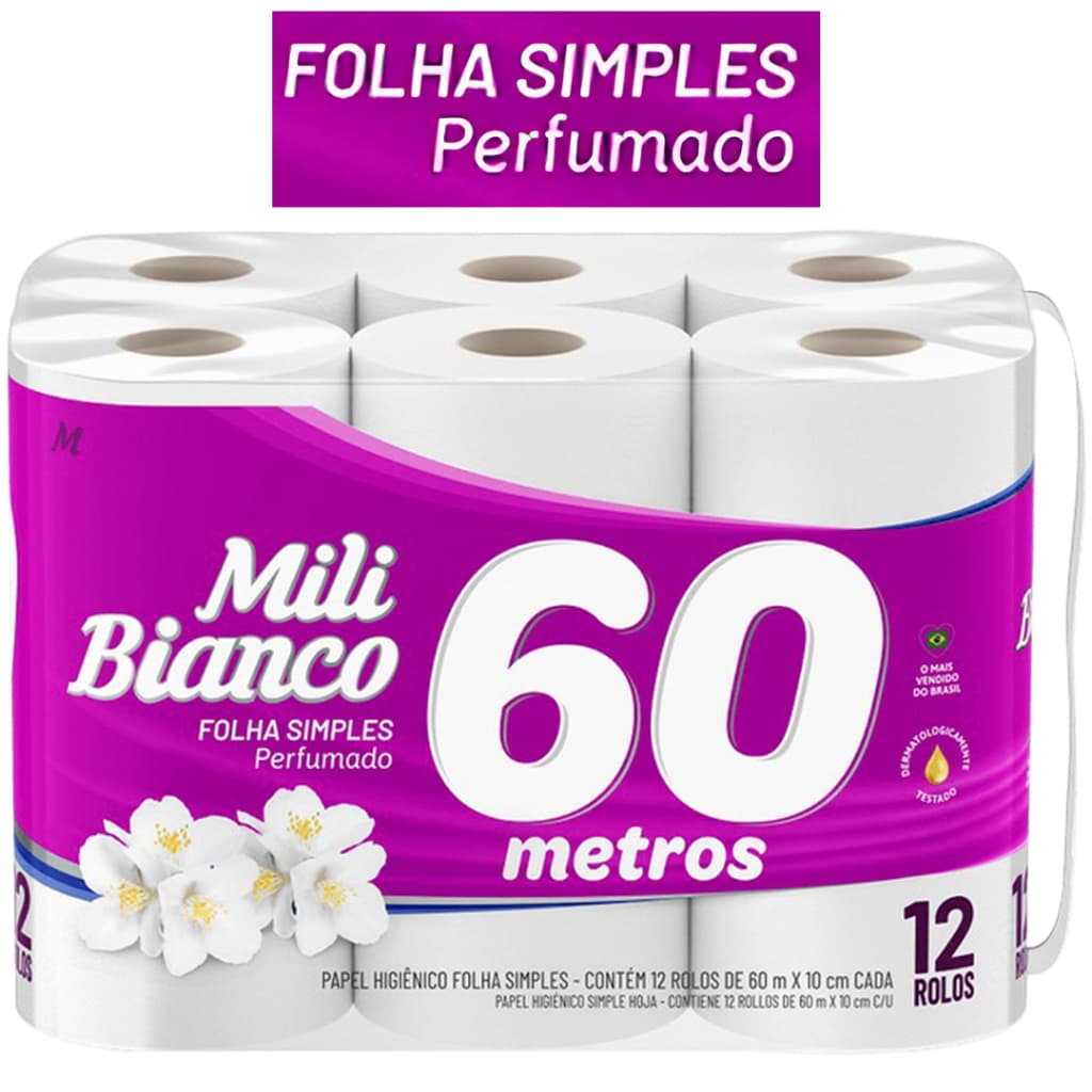 Papel Higiênico Mili 12 Rolos 60metros Folha Simples/Dupla/Tripla Neutro ou Perfumado Leve12 Pague11