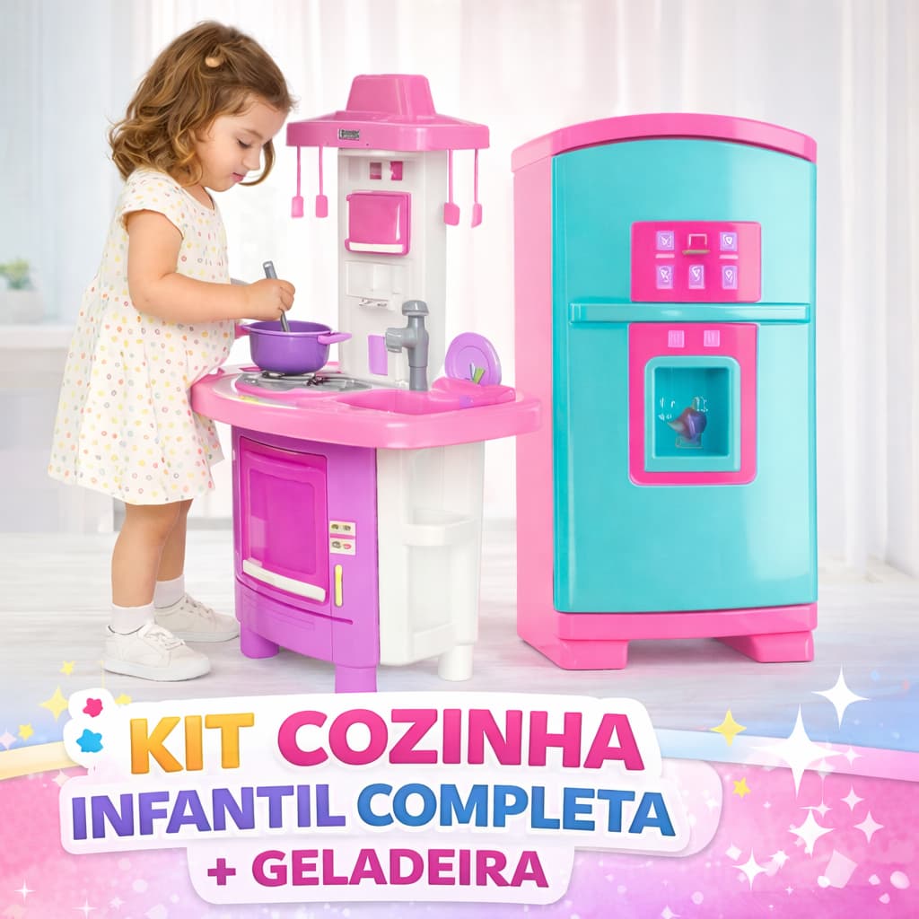 Kit cozinha infantil completa com geladeira. Cozinha de brinquedo faz de conta, ideal para meninas. Acompanha acessórios