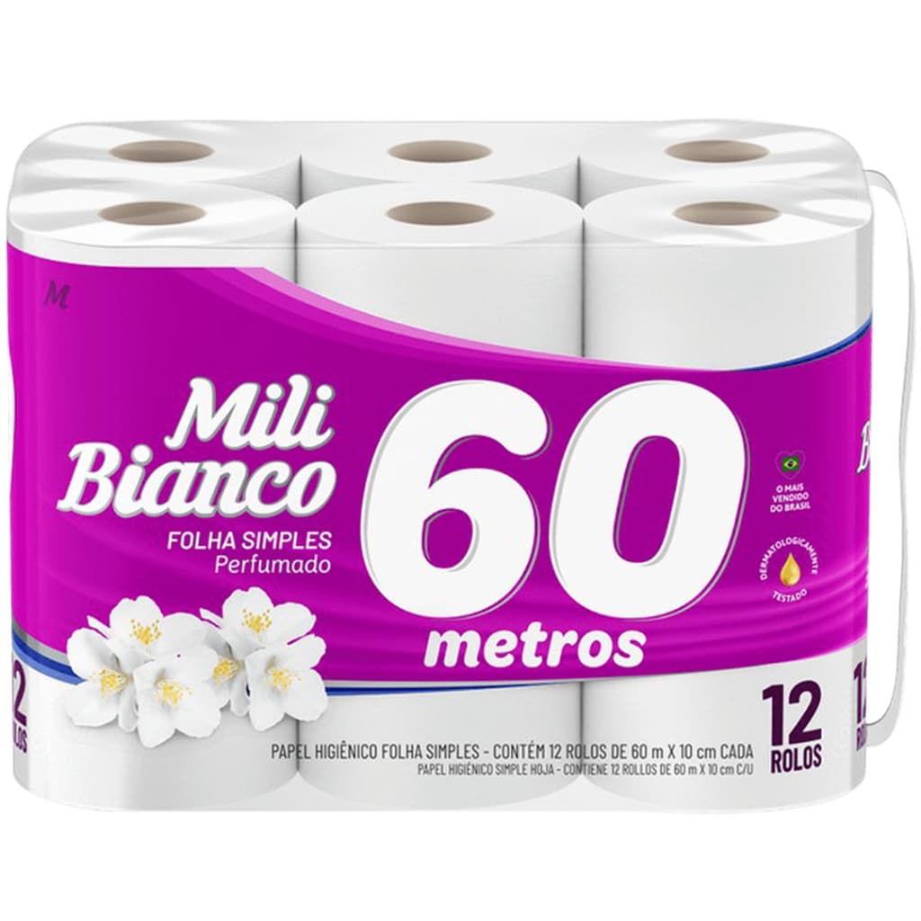 Mili Papel Higiênico Bianco 60m Folha Simples, Dupla ou Tripla Neutro ou Perfumado Maciez e Economia