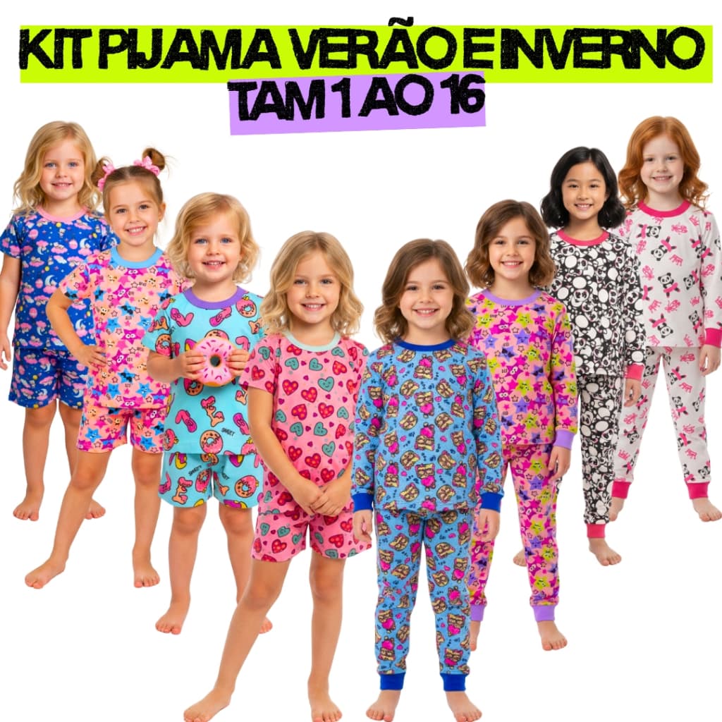 Kit 4 Peças Pijama Infantil Menina Verão e Inverno 1 Pijama Verão e 1 Pijama Inverno Algodão 1 ao 16
