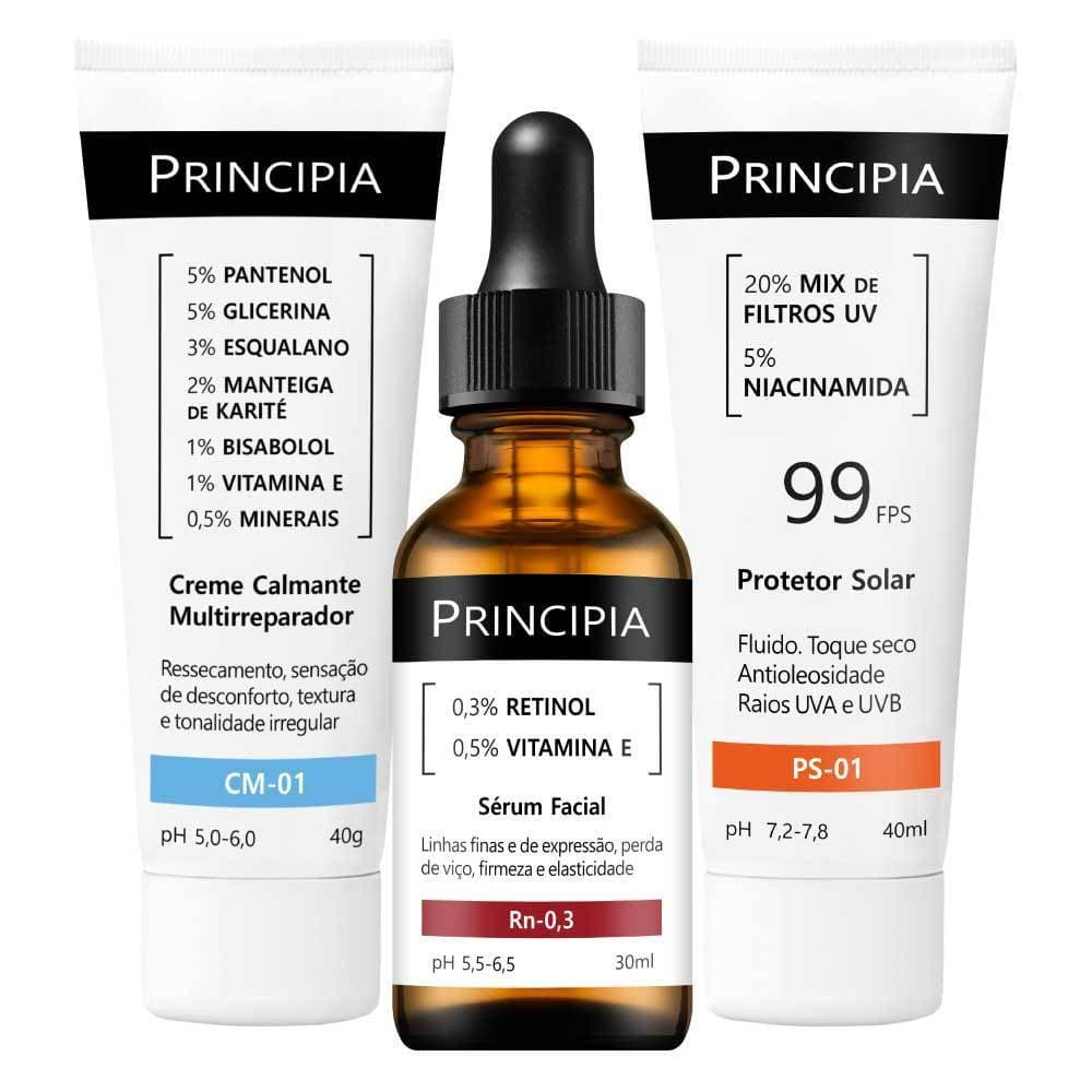 Principia Kit Renovação da Pele Avançado c/ Sérum Retinol Rn-0,3 + Creme Calmante CM-01+ Protetor Solar PS-01 FPS99