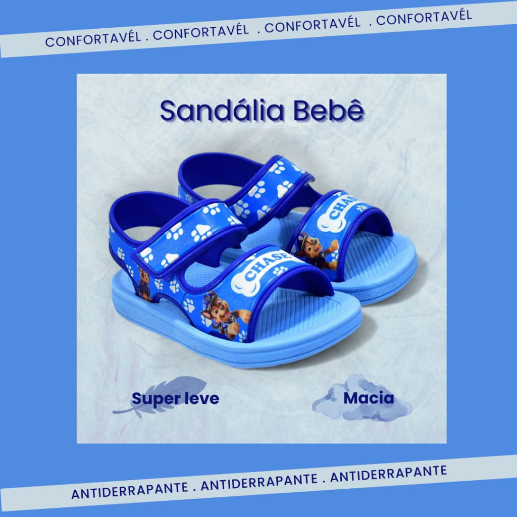 Sandalia Infantil Menino Bebe Com Velcro Antiderrapante Personagem Azul
