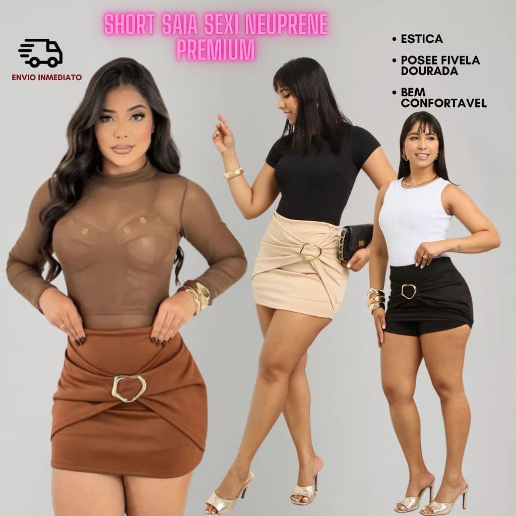Short Saia Feminino Estiloso Alfaiataria Premium Neoprene Cintura Alta com Detalhe de Fivela Dourada