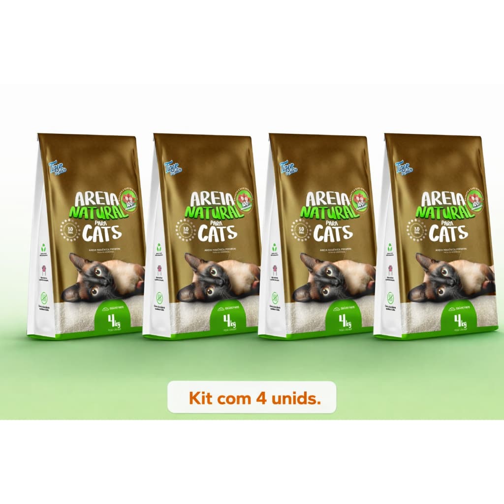 Areia Higiênica Natural Biodegradável Gatos Tiger Cats 4kg forma torroes firmes em 5 minutos kit com 4 unids