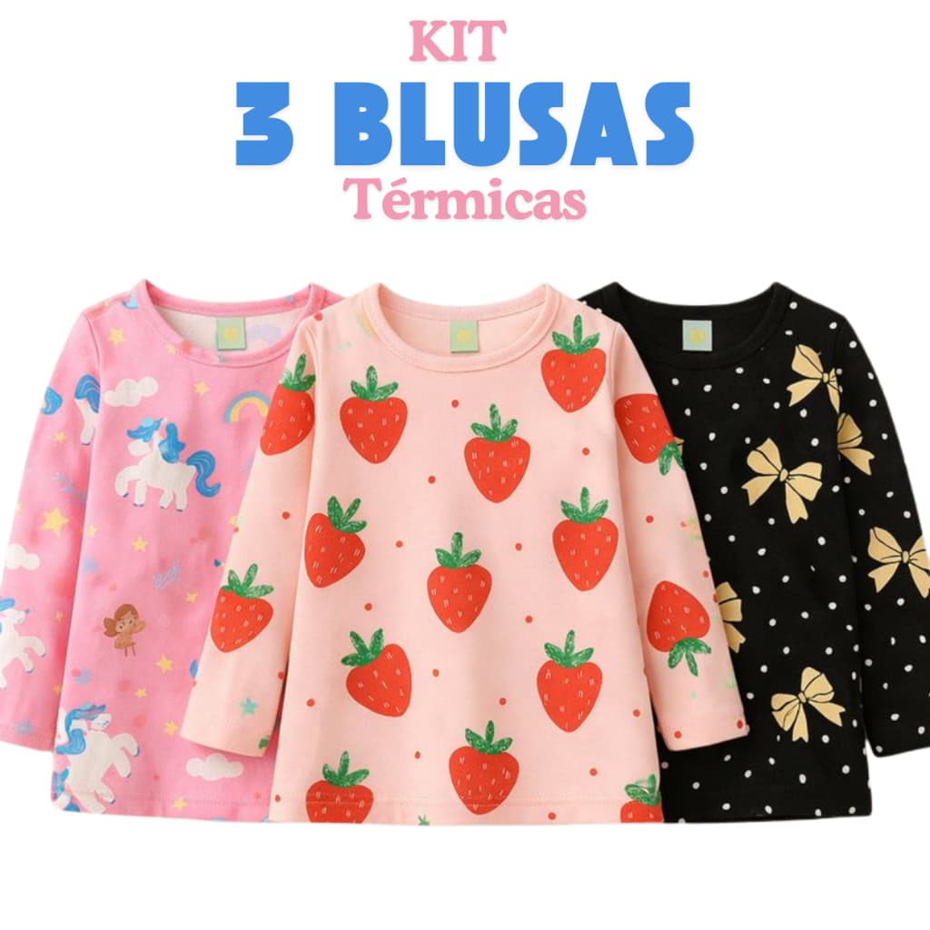 Kit 3 Blusas Manga Longa Infantil Menina – Malha Térmica para o Inverno - ESTAMPAS SORTIDAS