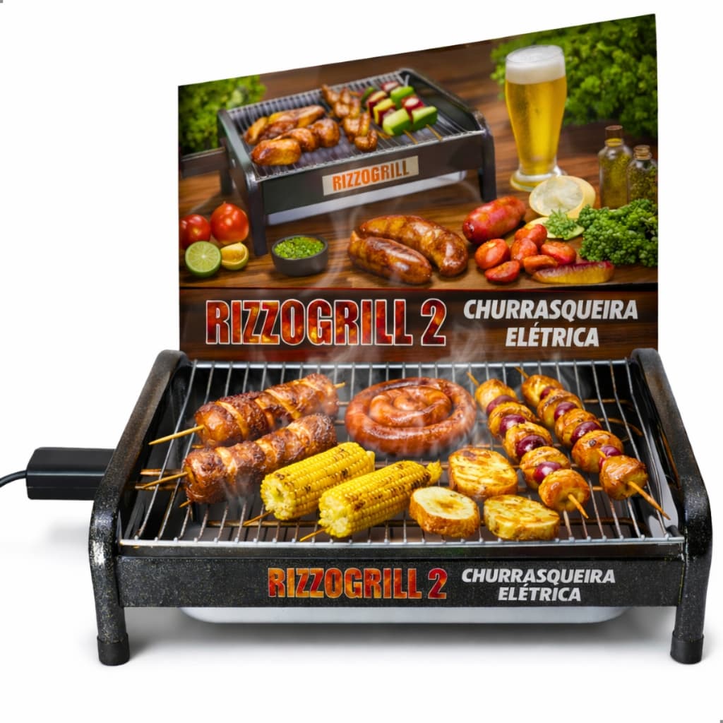 Churrasqueira Elétrica Portátil Gourmet Grande Com Pés Alumínio Bivolt Anti Fumaça 1600w 40cm Grill