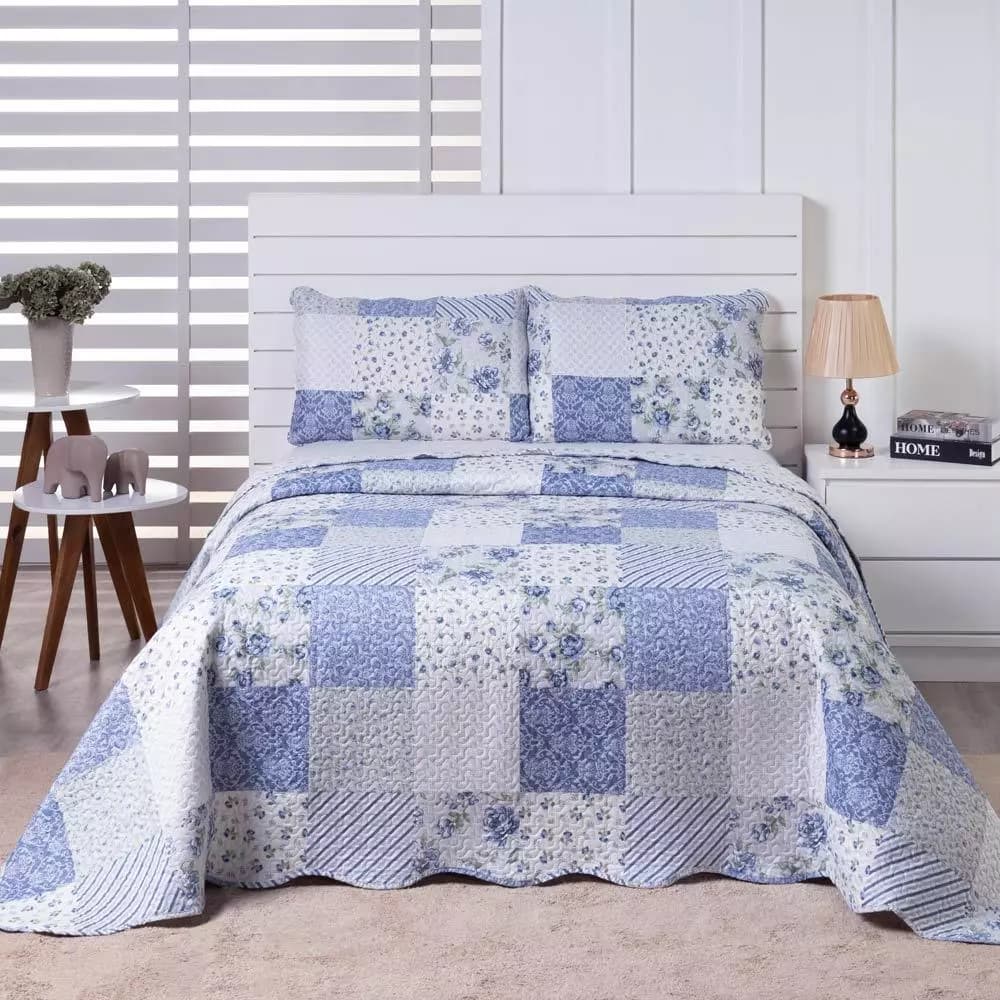 Kit Colcha Cobre Leito Boutis Ultrasonic Dupla Face 3 Peças Com Porta Travesseiro Estampada