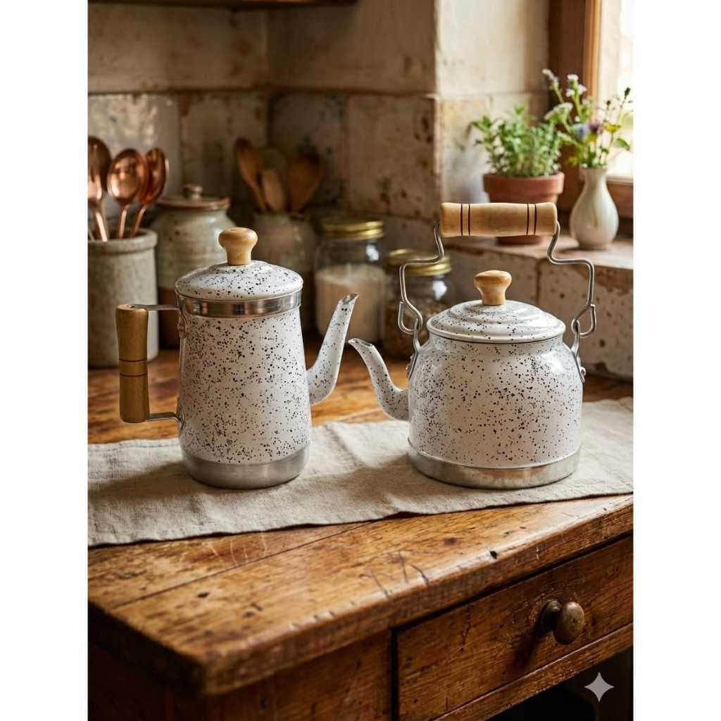 kit 2 Peças Bule Cafeteira + Chaleira para Café Chá Leite com batoque de Madeira