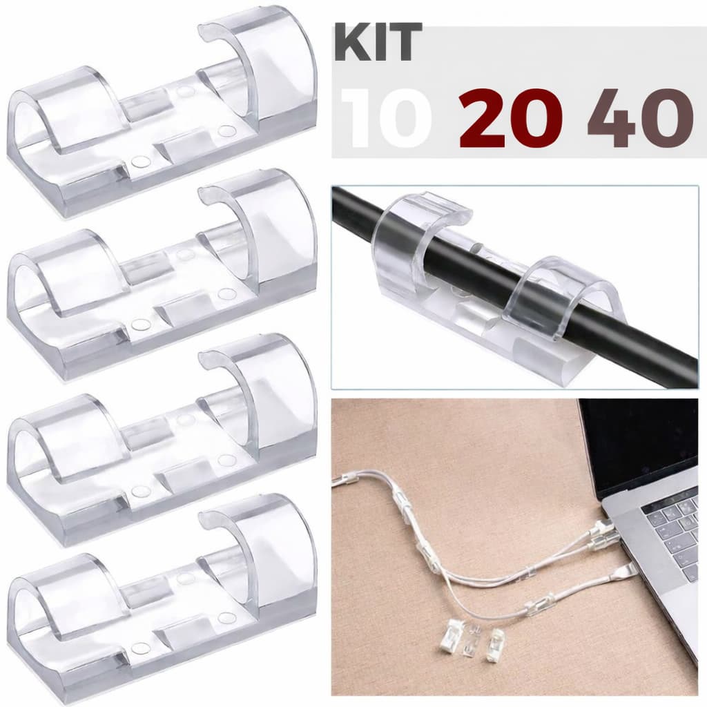 KIT Clips Fixador Organizador de Fios e Cabos Autoadesivo TOP