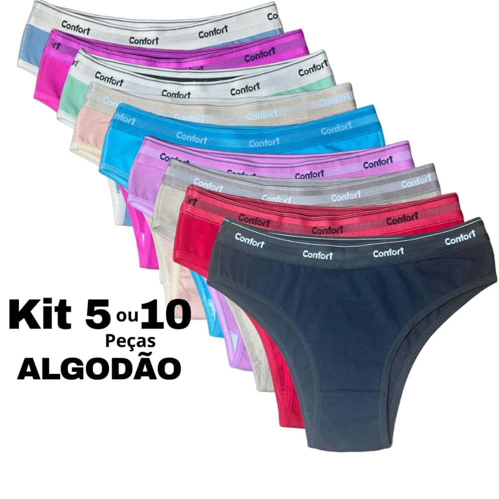 Calcinha Feminina Algodão Premium Cotton Com Cós Kit 10 e 5 Unidades