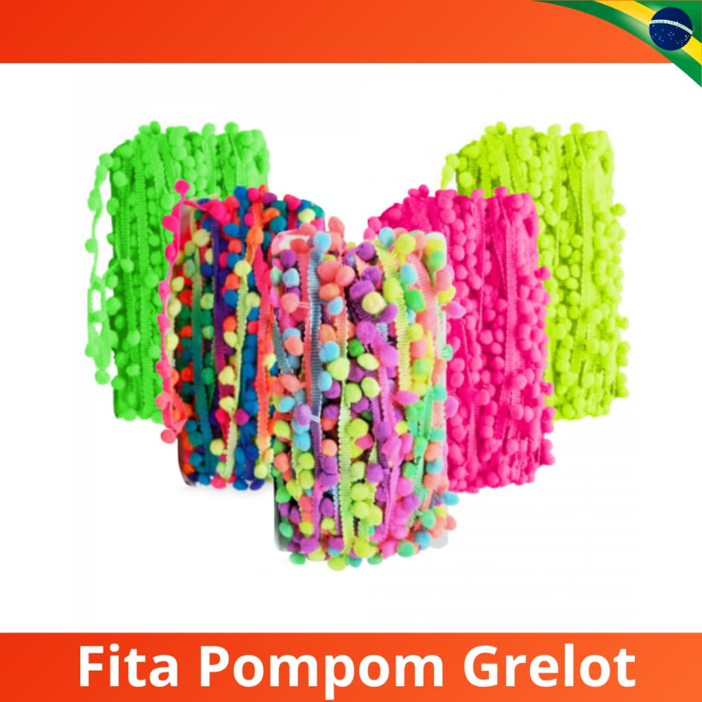 Fita Pompom Grelot 20mm x 25 metros Cores Variadas Rolo Artesanato Costura Aviamento DIY