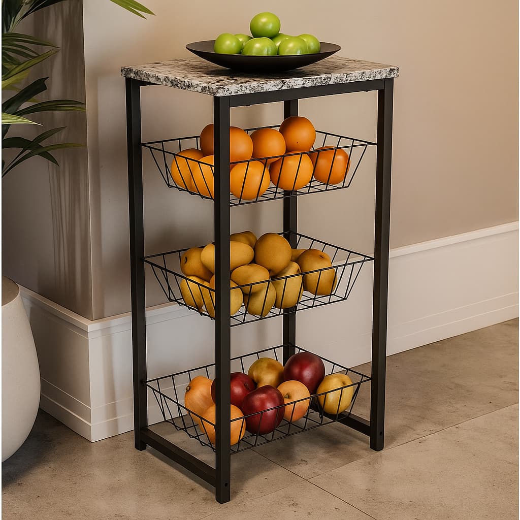 Fruteira De Chão Multiuso 3 Cestos Tampo Extra Forte Mdf Madeira Pedra Marmore Granito