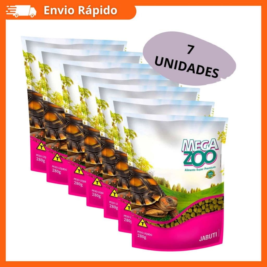 KIT 7 UNIDADES RACAO SUPER PREMIUM MEGAZOO EXTRUSADA JABUTIS 280GR RACAO ALIMENTO COMPLETO JABUTI TARTARUGA
