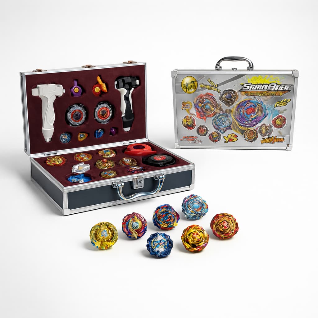 Maleta 8 Kit 2 Lançadores Batalha Completa Prata Brinquedo Antigo Pião Interativo Jogo Menino