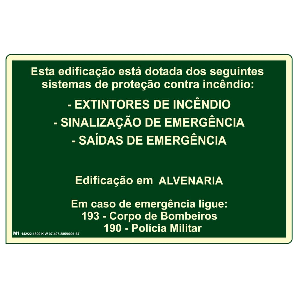 Placa de Sinalização Fotoluminescente M1 Sistemas De Proteção Bombeiro 20x30cm