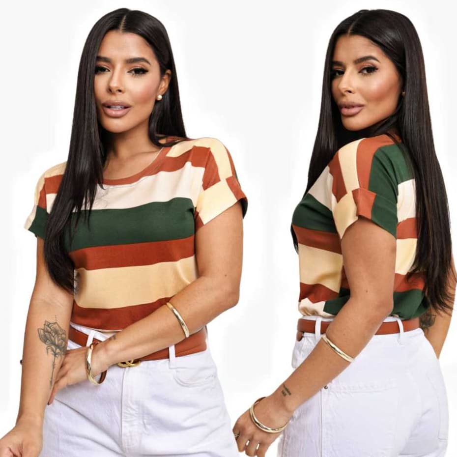 Blusa Camiseta Básica Listrada Feminina Estilosa e Moderna Moda Gringa Lançamento Verão Tendencia Inverno Manga Japonesa