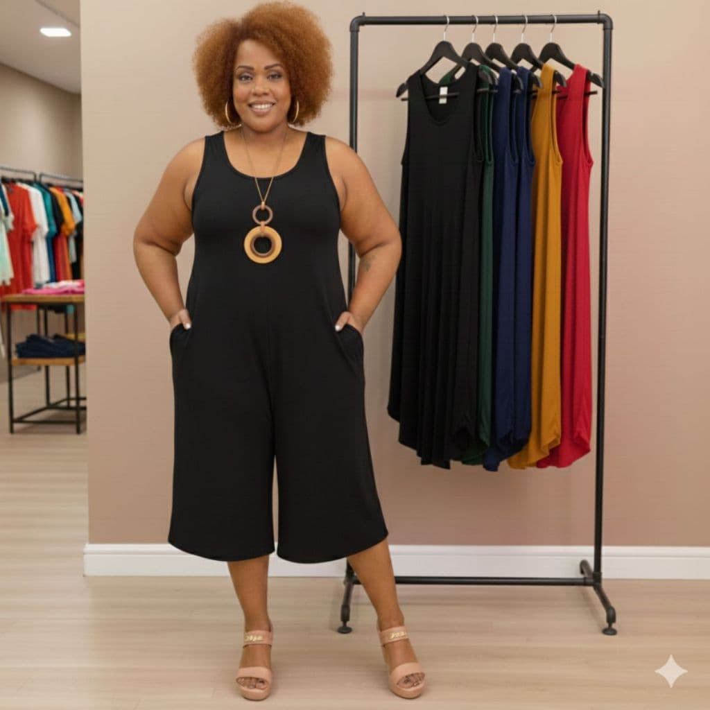 Macacão Feminino Pantacourt Alça Grossa Bolso Plus Size