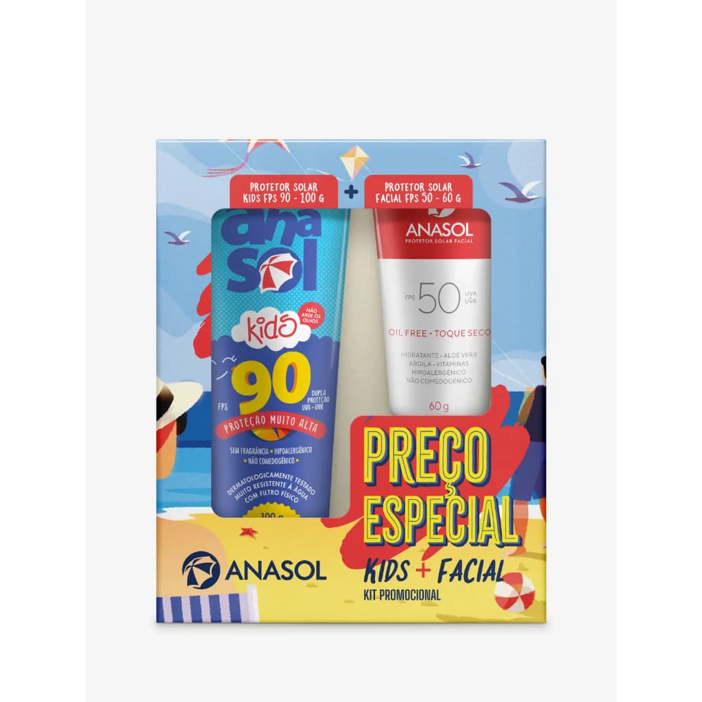 Kit Anasol Protetor Infantil FPS 90 Resistente a Agua 100g +Protetor Solar Facial FPS 50 60g