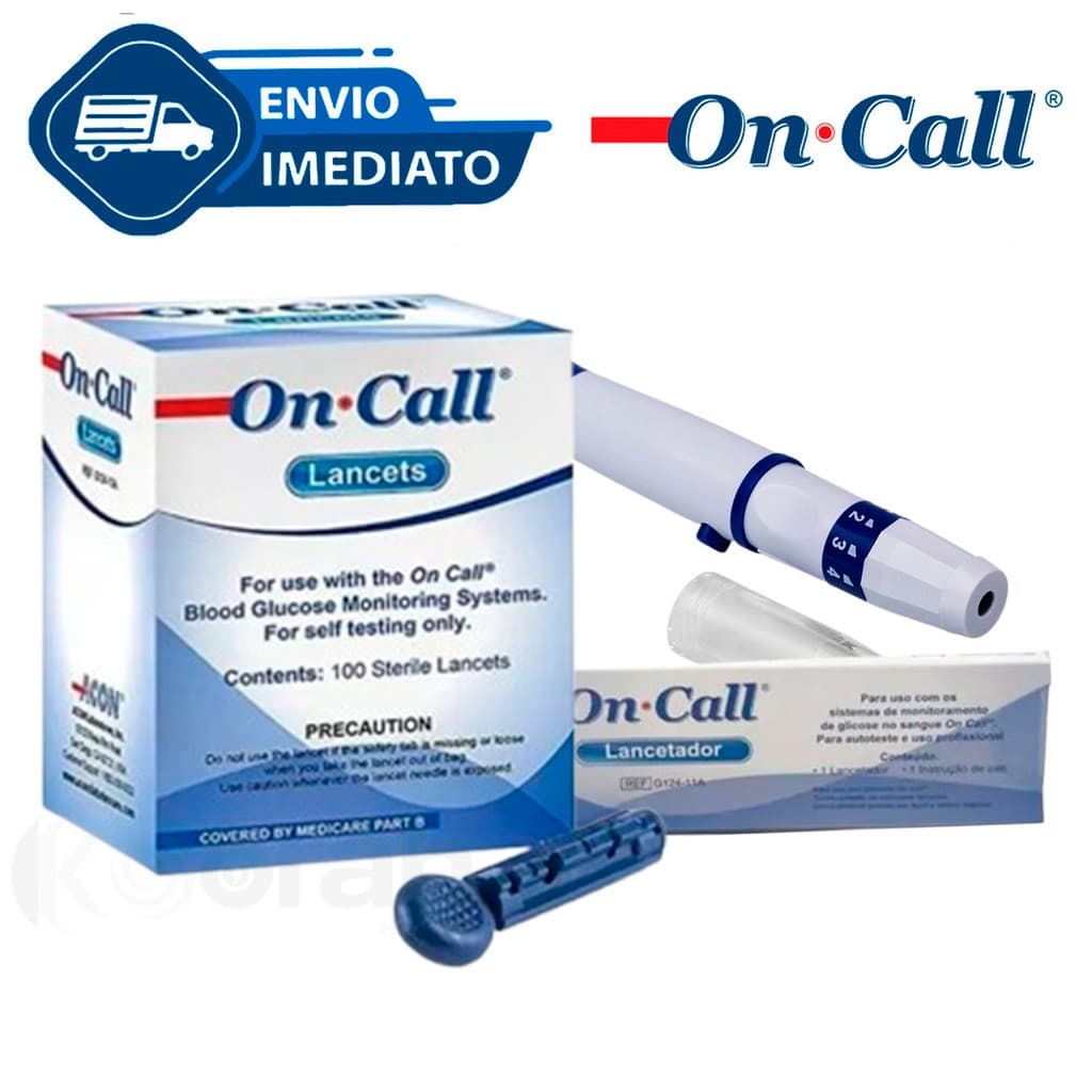 Kit 100 Lancetas + Lancetador On Call Plus 2 Preciso Diabetes Medidor On Call Envio Imediato