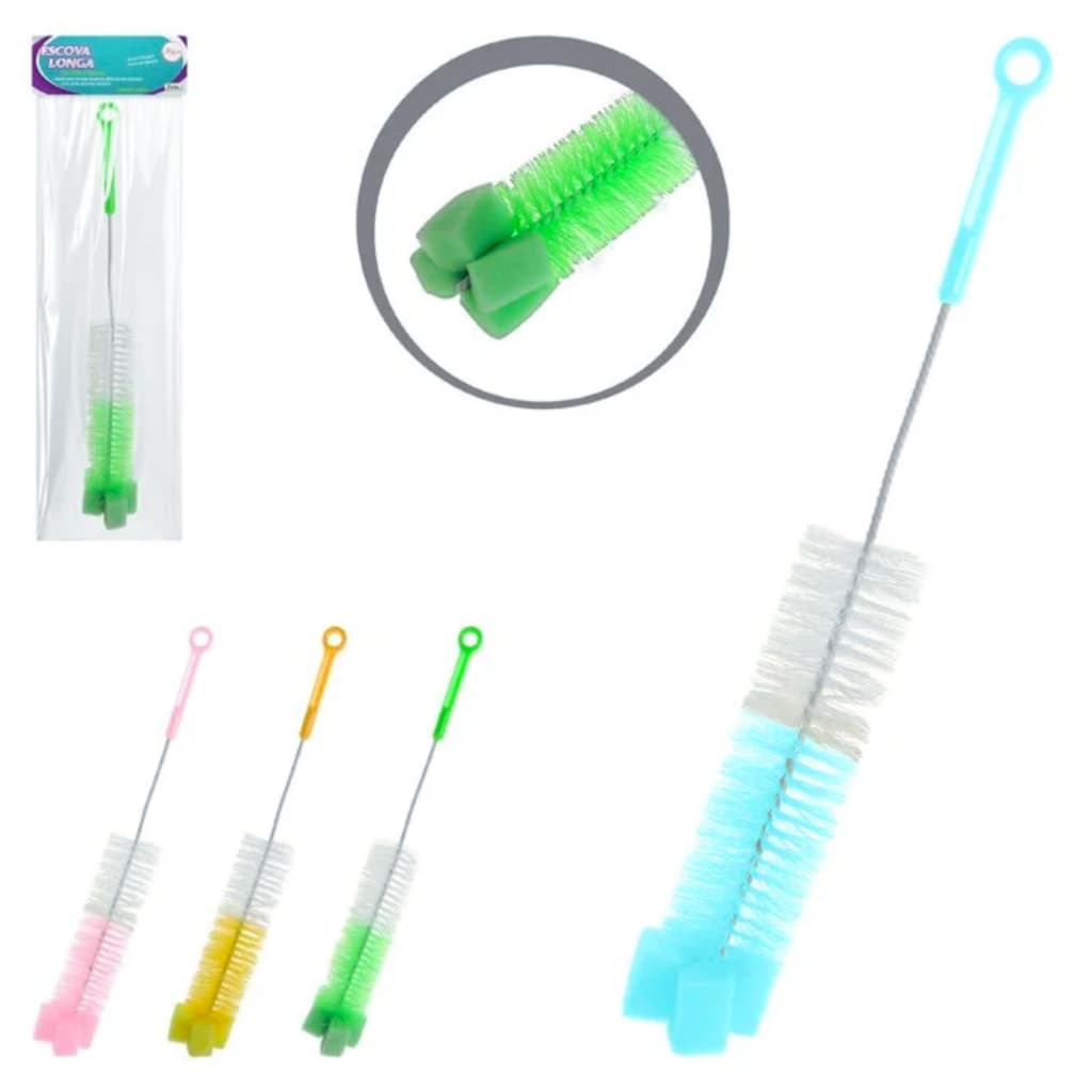 Escova Limpa Mamadeira 39cm Longa c/ Ponta Esponja | Bico Garrafa Copo Taça
