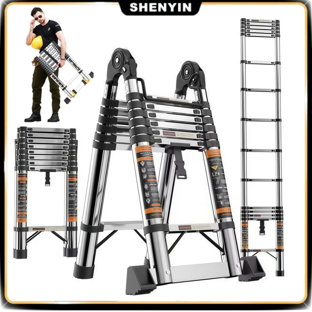 Escada Telescopica Multifuncional 3,1/3,5m 9 Degraus Inox Prata - Para Limpeza, Pintura e Manutenção