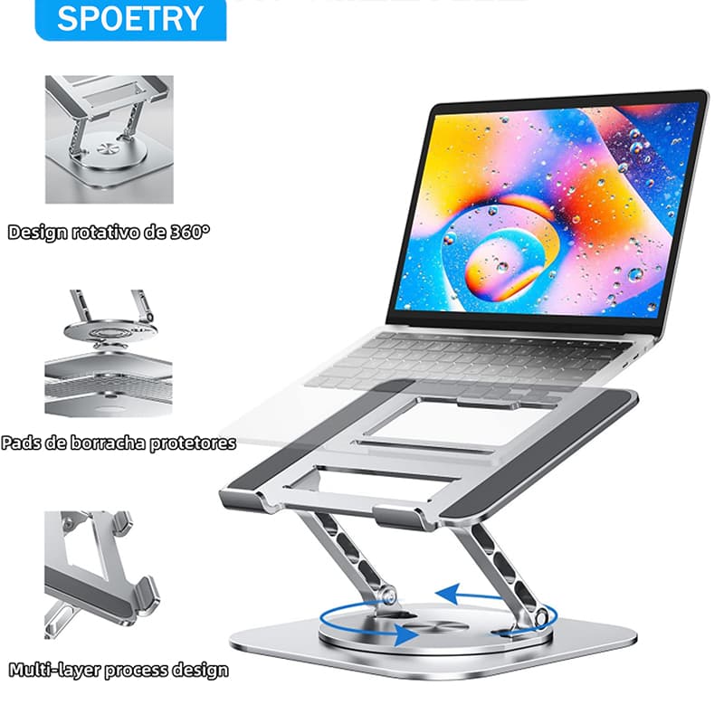Suporte Dobrável de Metal para Notebook Suporte Premium para Notebook 10–17" Metal Ajustável com Rotação 360°