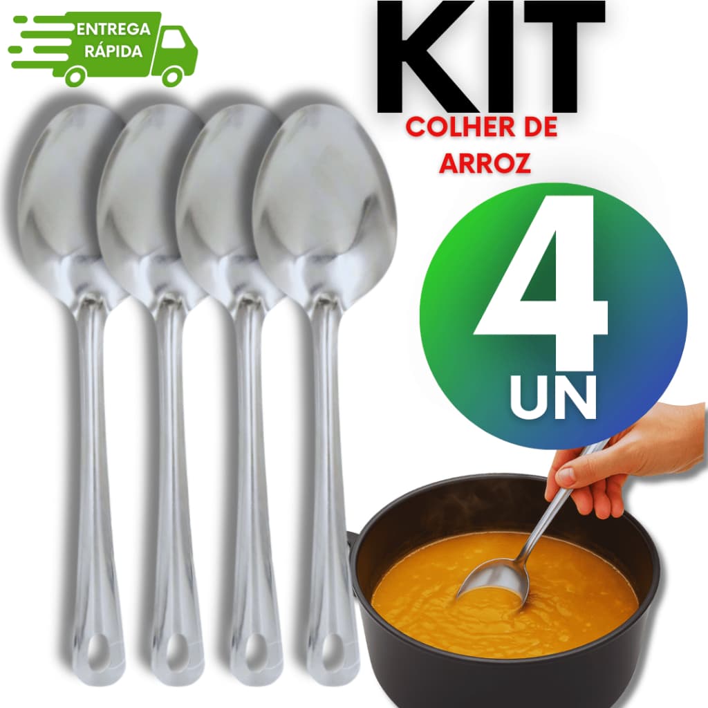Kit 4 Colheres de Arroz Grande Aço Inox 25cm Servir Profissional Reforçada