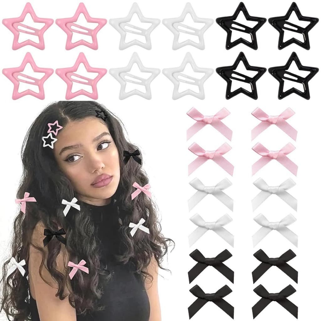 12 Peças Grampos De Cabelo Estrela Estilo，12 Peças Conjunto Presilhas de Cabelo com Laço Fofo