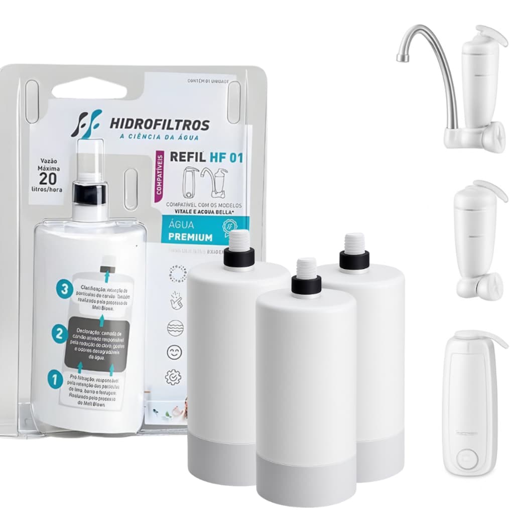 Kit 1, 2 ou 3 Refil Filtro Acqua Bella e Vitale Compatível Lorenzetti Água Limpa Carvão Ativado HF01
