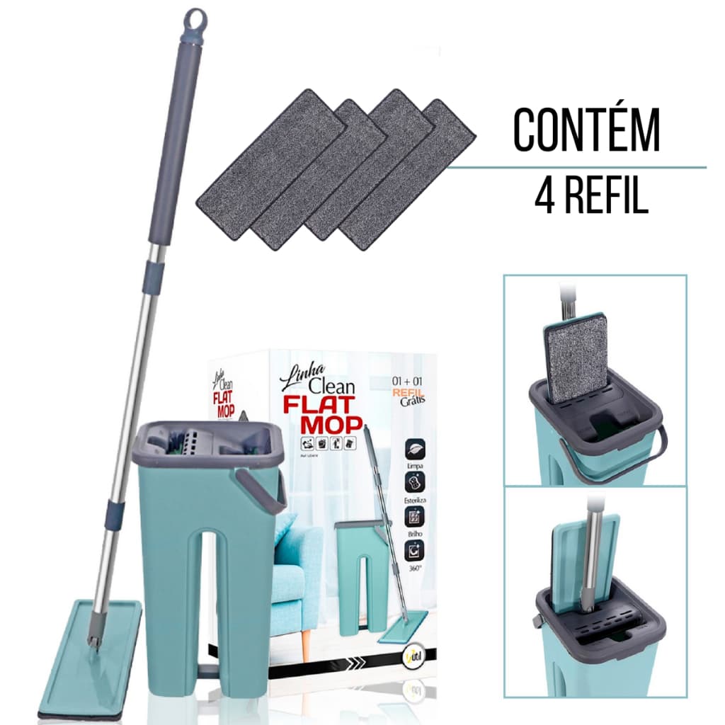 Mop Flat Esfregão Magico Limpa Facil com Balde limpa e Seca kit 2 ou 4 Refil