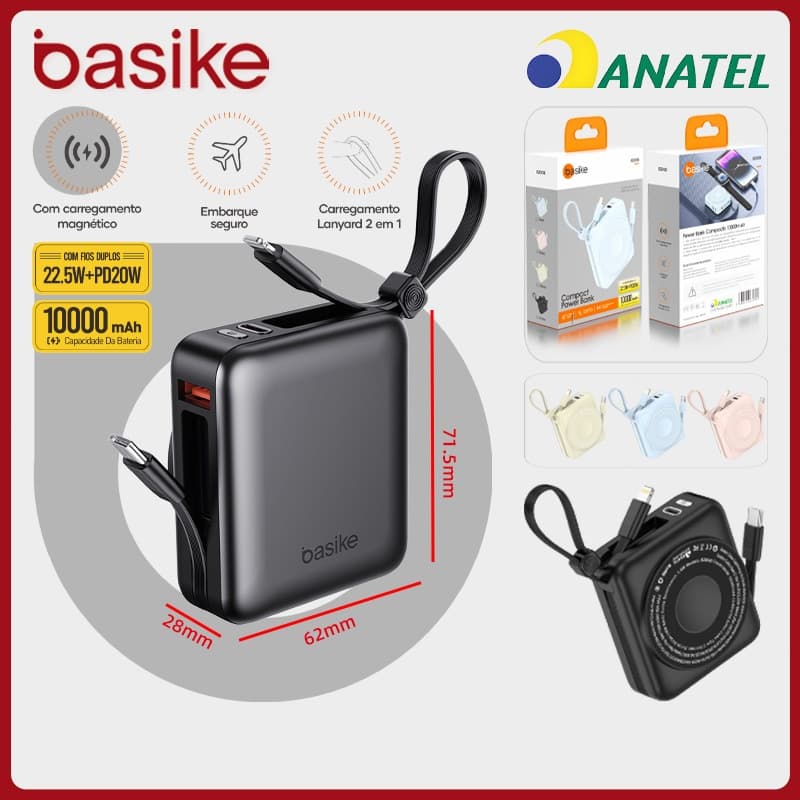 Basike Power Bank 10000mah PD 22.5 W Mini，Bateria portátil Carregamento sem fio para celulares/relógios/fones，b200b