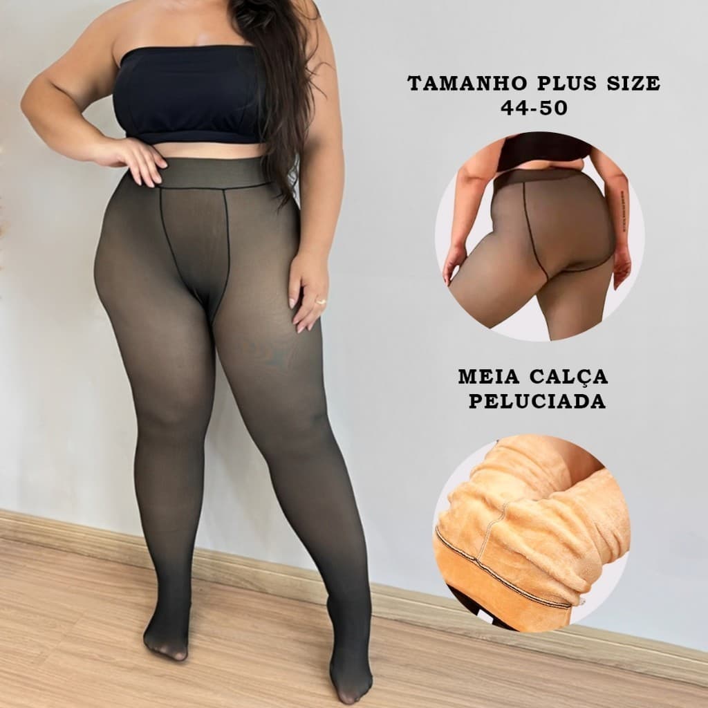 Meia-Calça Térmica Plus Size Peluciada Feminina Translucida Forrada Super Elástica Slim