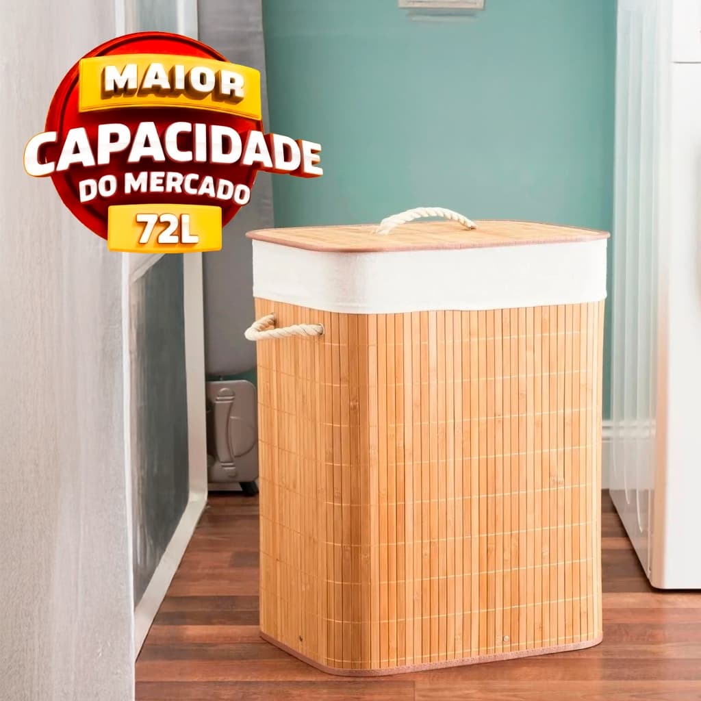 Cesto de Roupa Suja 72 LITROS Lavanderia Bambu c/ Tampa Retangular Forrado Quarto Banheiro Dobrável