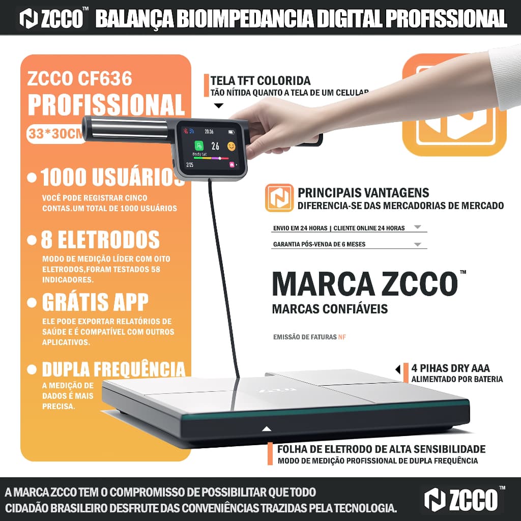 ZCCO CF636 Balança Bioimpedância Digital Profissional C/app