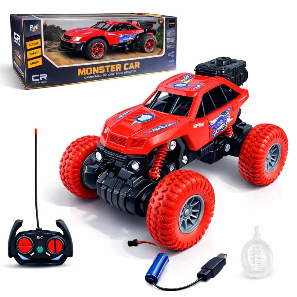 Carrinho de Controle Remoto Solta Fumaça Recarregável Jeep Monster Off Road Trilha Anda Na Terra