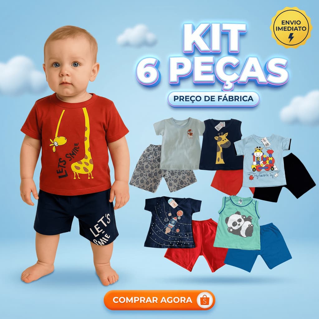 Kit 6 Peças de Roupas Menino Conjunto Infantil Verão 3 Camisas + 3 Bermudas Algodão