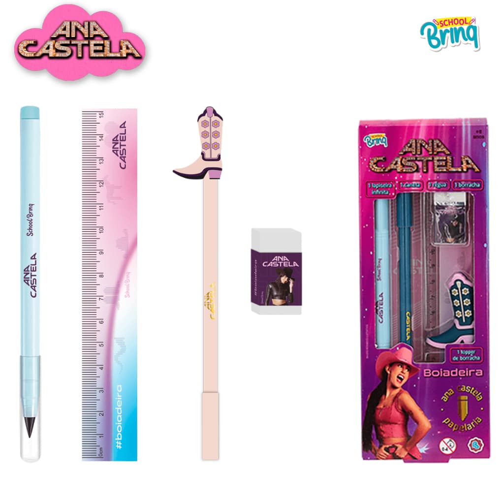 Kit Escolar Ana Castela Lapiseira Caneta Régua Boiadera Kit 4 em 1 Escola Polibrinq