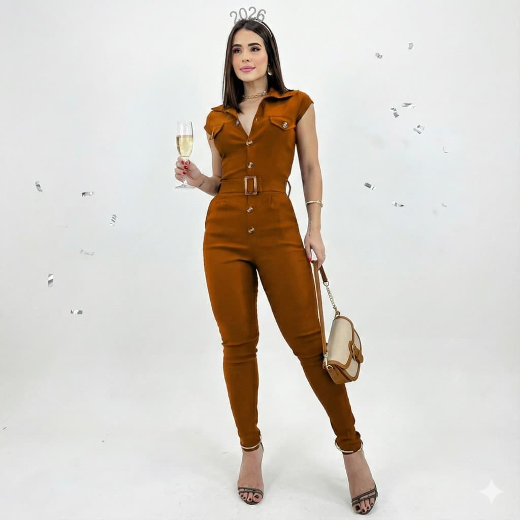 Macacão Longo Feminino Botão Cinto Macaquinho Bengaline