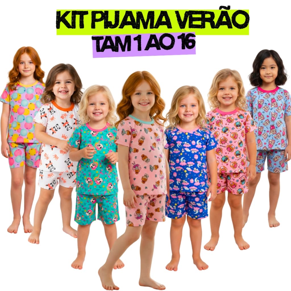Kit 4 Peças Pijamas Infantis Verão Menina e Bebê Confortável em Algodão 2 Camiseta 2 Bermuda 1 ao 16