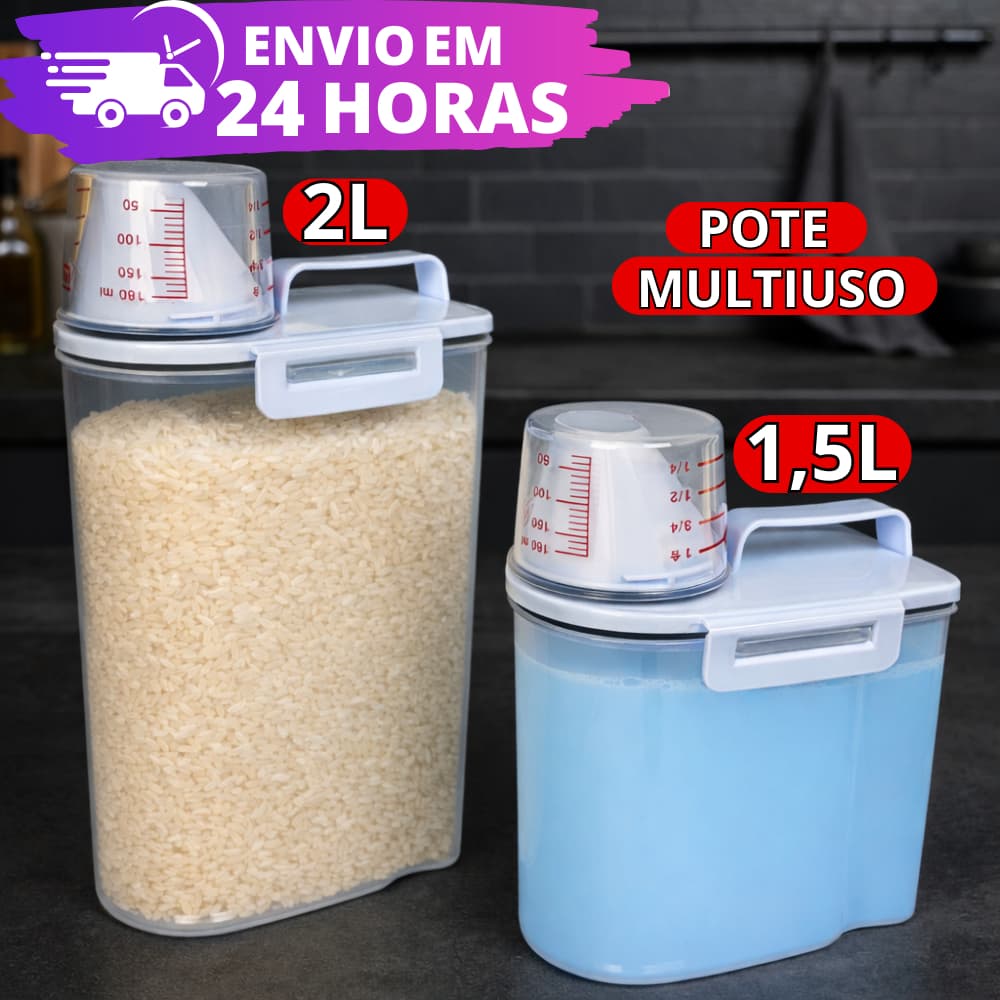 Dispenser Pote Hermético Com Copo Medidor 1,5L e 2L Organizador Dosador Multiuso Porta Mantimentos 2 e 1 Unidades